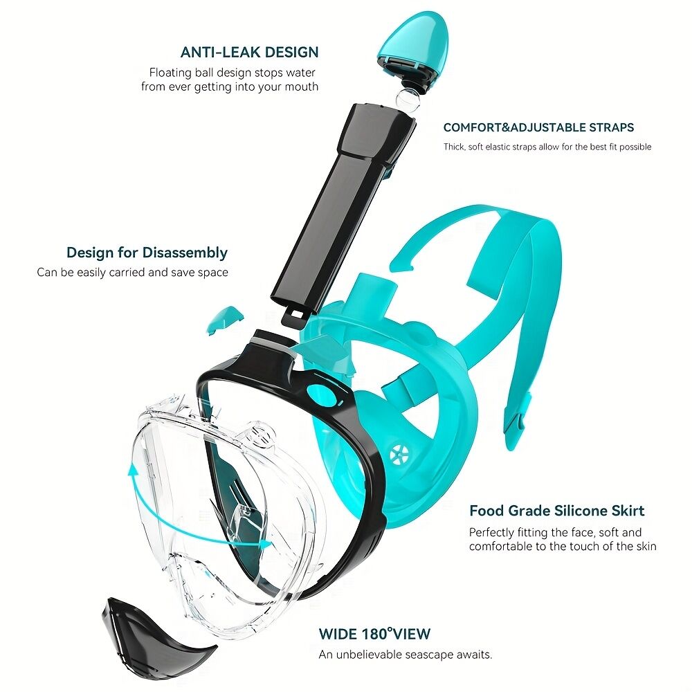 L/XL full-face silicone snorkeling mask, full-dry panoramic snorkeling mirror, camera bracket, large frame anti-leakage and anti-fog swimming mirror set, suitable for adults.
