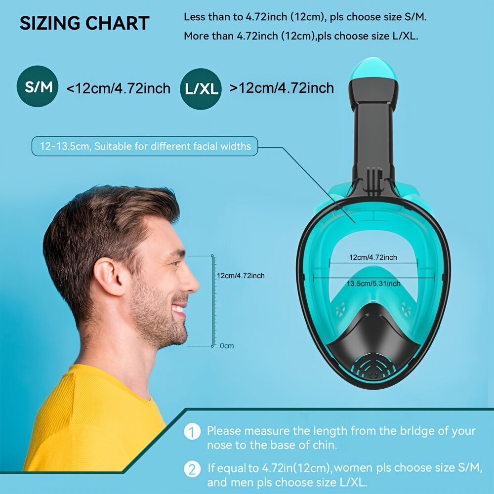 S/M  Full-face silicone snorkeling mask, full-dry panoramic snorkeling mirror, camera bracket, large frame anti-leakage and anti-fog swimming mirror set for adults.