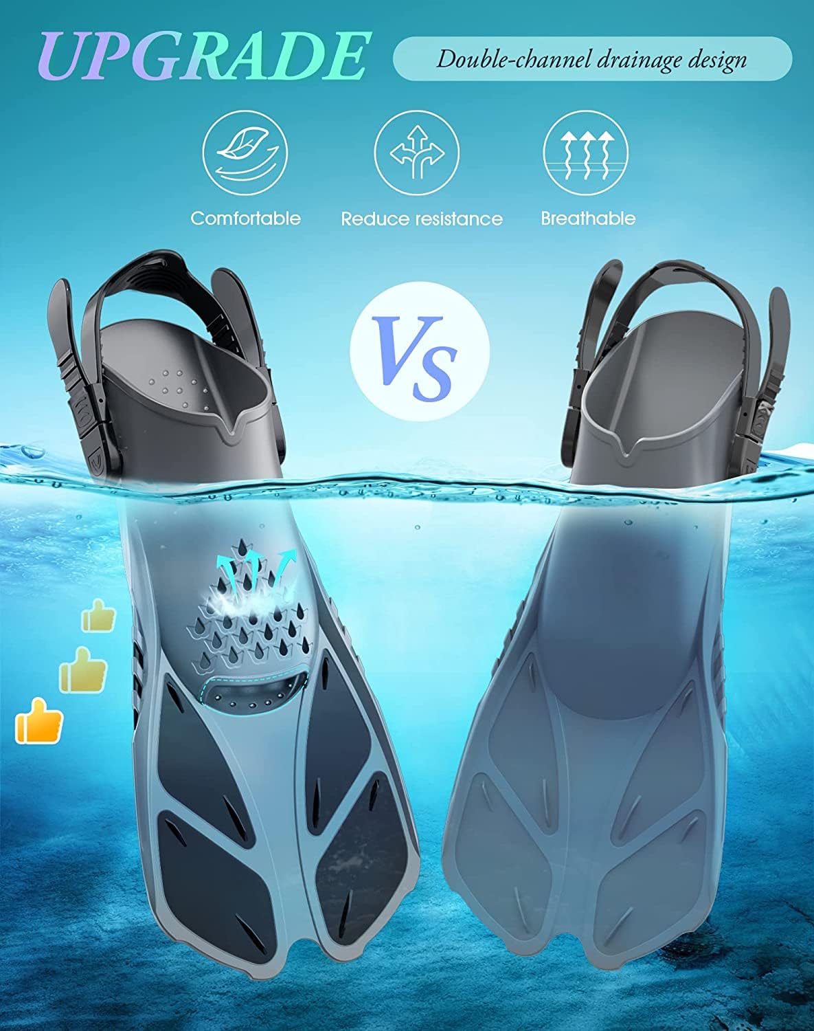 Gray Adjustable Open Heel Snorkel Fins, Travel-Size Short Swim Flippers for Snorkeling, Diving & Swimming, Adult Men & Women（L/XL）