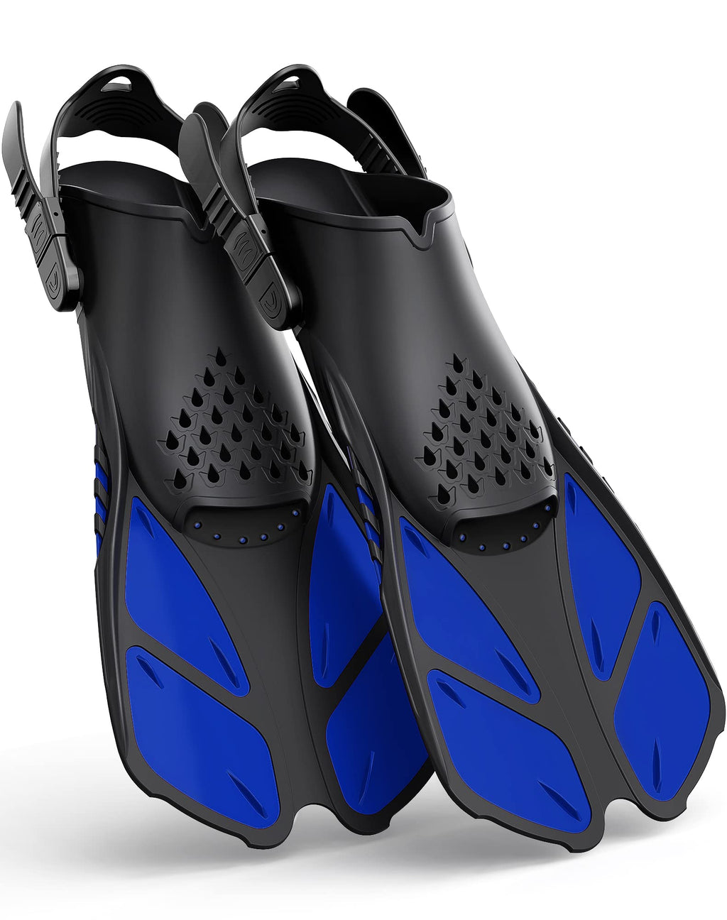 Blue Adjustable Open Heel Snorkel Fins, Travel-Size Short Swim Flippers for Snorkeling, Diving & Swimming, Adult Men & Women（L/XL）