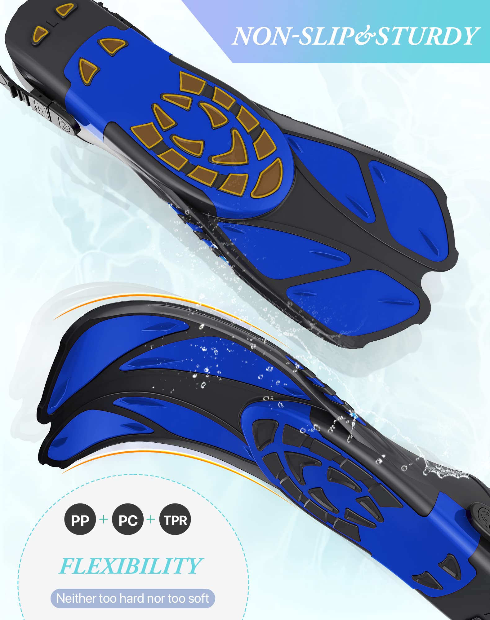 Blue Adjustable Open Heel Snorkel Fins, Travel-Size Short Swim Flippers for Snorkeling, Diving & Swimming, Adult Men & Women（L/XL）