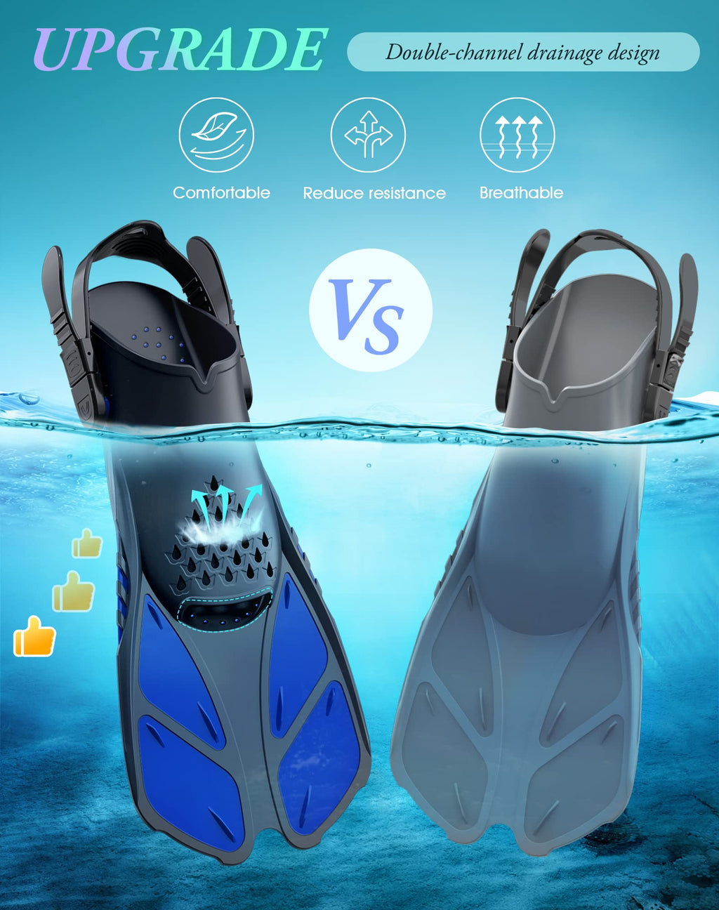 Blue Adjustable Open Heel Snorkel Fins, Travel-Size Short Swim Flippers for Snorkeling, Diving & Swimming, Adult Men & Women（S/M）