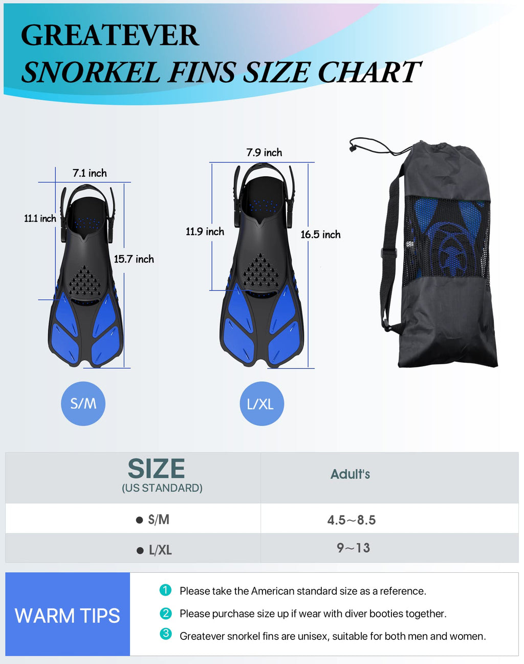 Blue Adjustable Open Heel Snorkel Fins, Travel-Size Short Swim Flippers for Snorkeling, Diving & Swimming, Adult Men & Women（S/M）