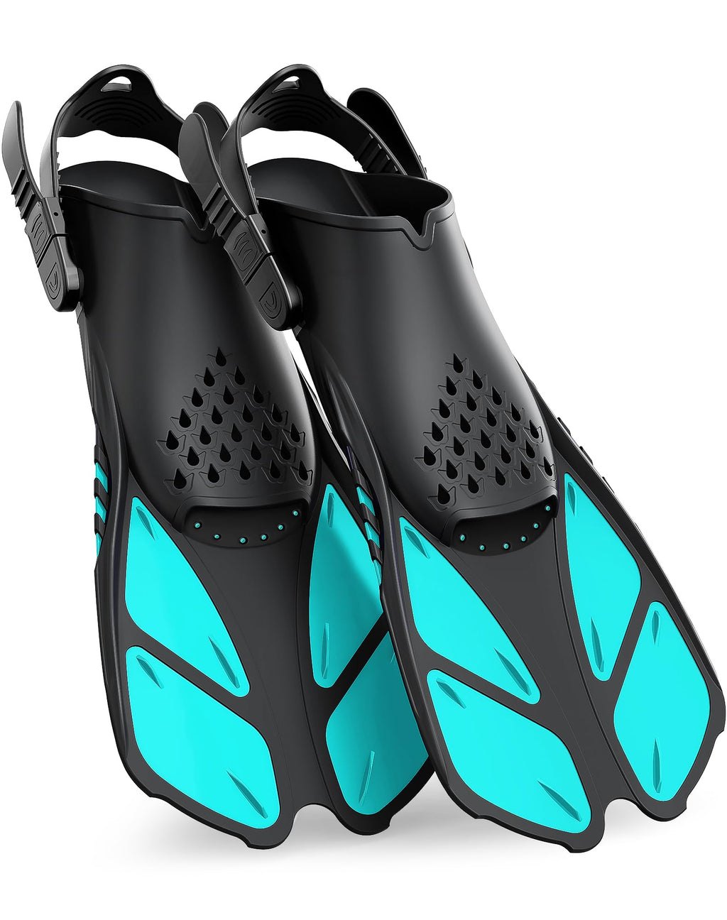 Green Adjustable Open Heel Snorkel Fins, Travel-Size Short Swim Flippers for Snorkeling, Diving & Swimming, Adult Men & Women（L/XL）