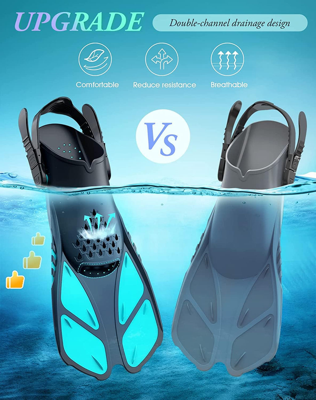 Green Adjustable Open Heel Snorkel Fins, Travel-Size Short Swim Flippers for Snorkeling, Diving & Swimming, Adult Men & Women（S/M）