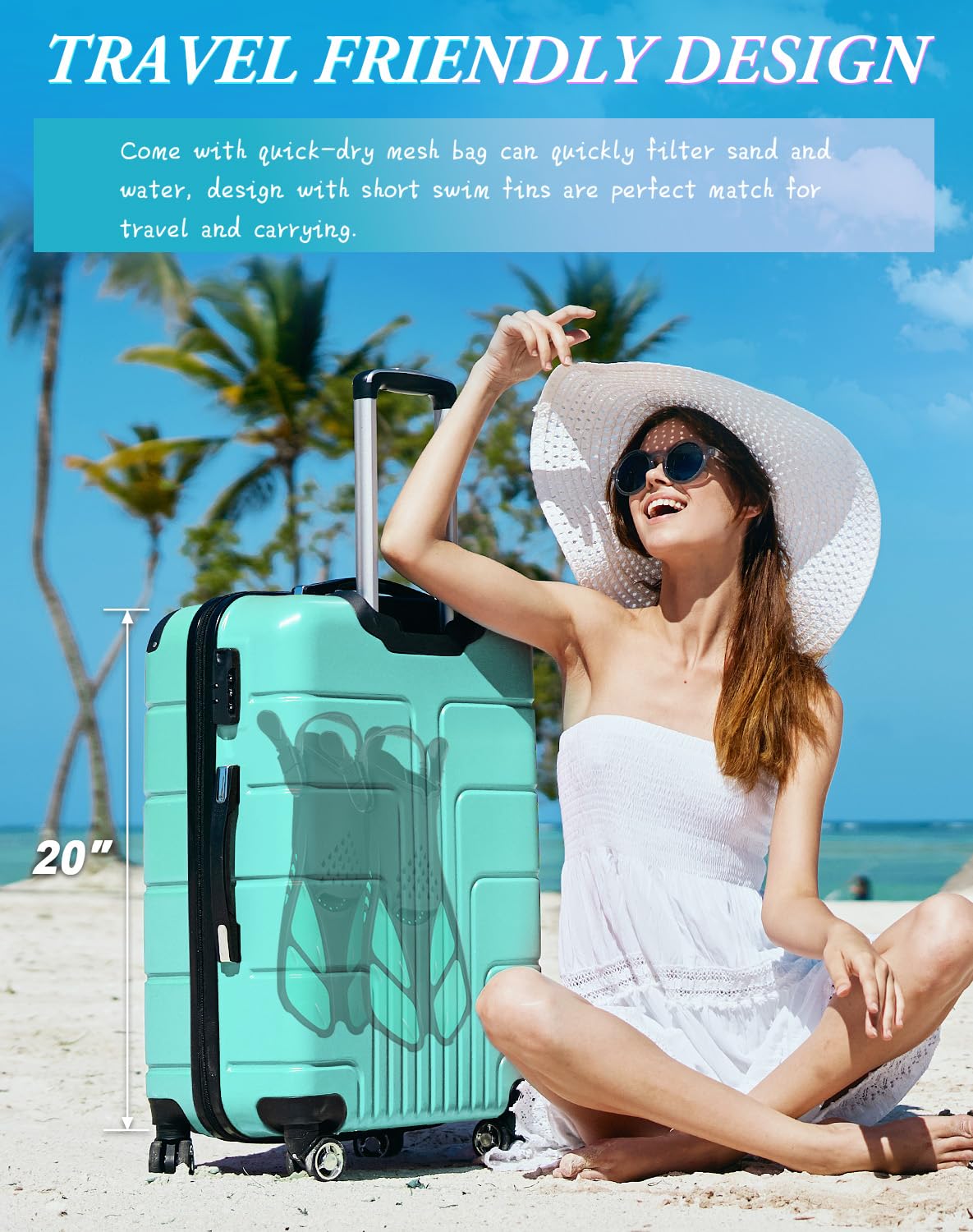 Green Adjustable Open Heel Snorkel Fins, Travel-Size Short Swim Flippers for Snorkeling, Diving & Swimming, Adult Men & Women（S/M）