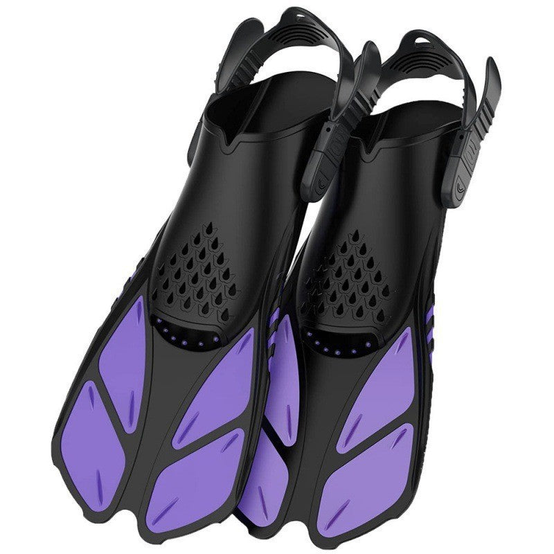 Purple Adjustable Open Heel Snorkel Fins, Travel-Size Short Swim Flippers for Snorkeling, Diving & Swimming, Adult Men & Women（L/XL）