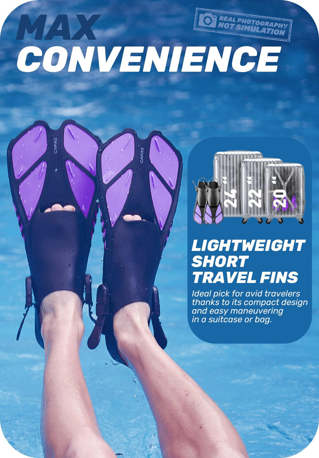 Purple Adjustable Open Heel Snorkel Fins, Travel-Size Short Swim Flippers for Snorkeling, Diving & Swimming, Adult Men & Women（L/XL）