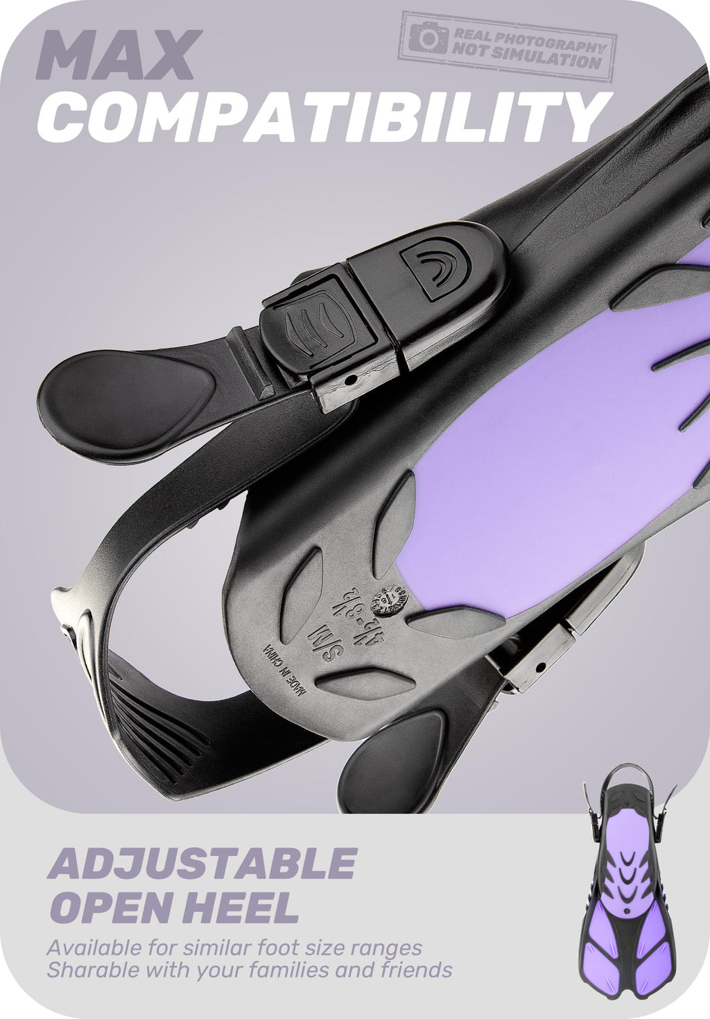 Purple Adjustable Open Heel Snorkel Fins, Travel-Size Short Swim Flippers for Snorkeling, Diving & Swimming, Adult Men & Women（S/M）
