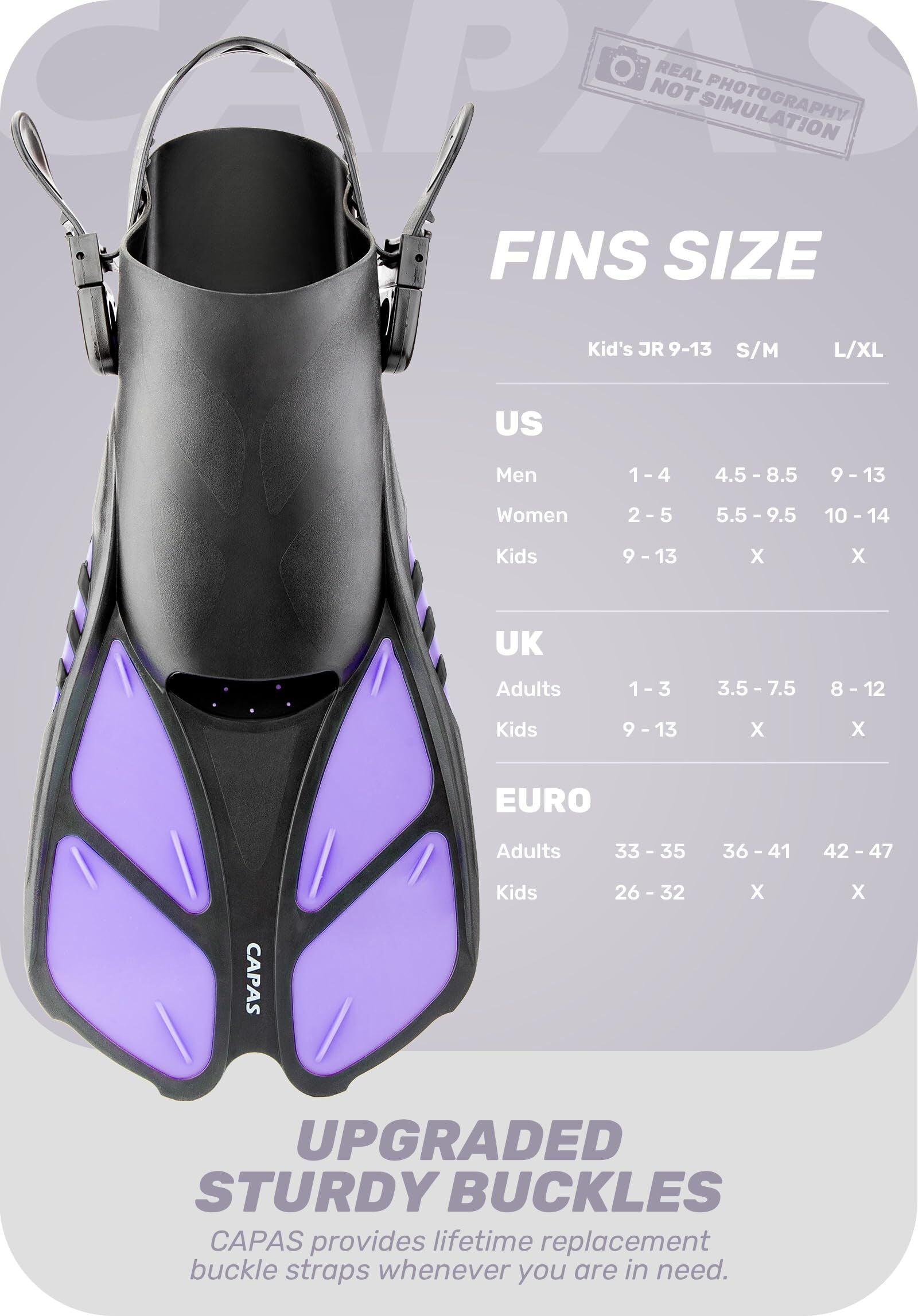 Purple Adjustable Open Heel Snorkel Fins, Travel-Size Short Swim Flippers for Snorkeling, Diving & Swimming, Adult Men & Women（S/M）