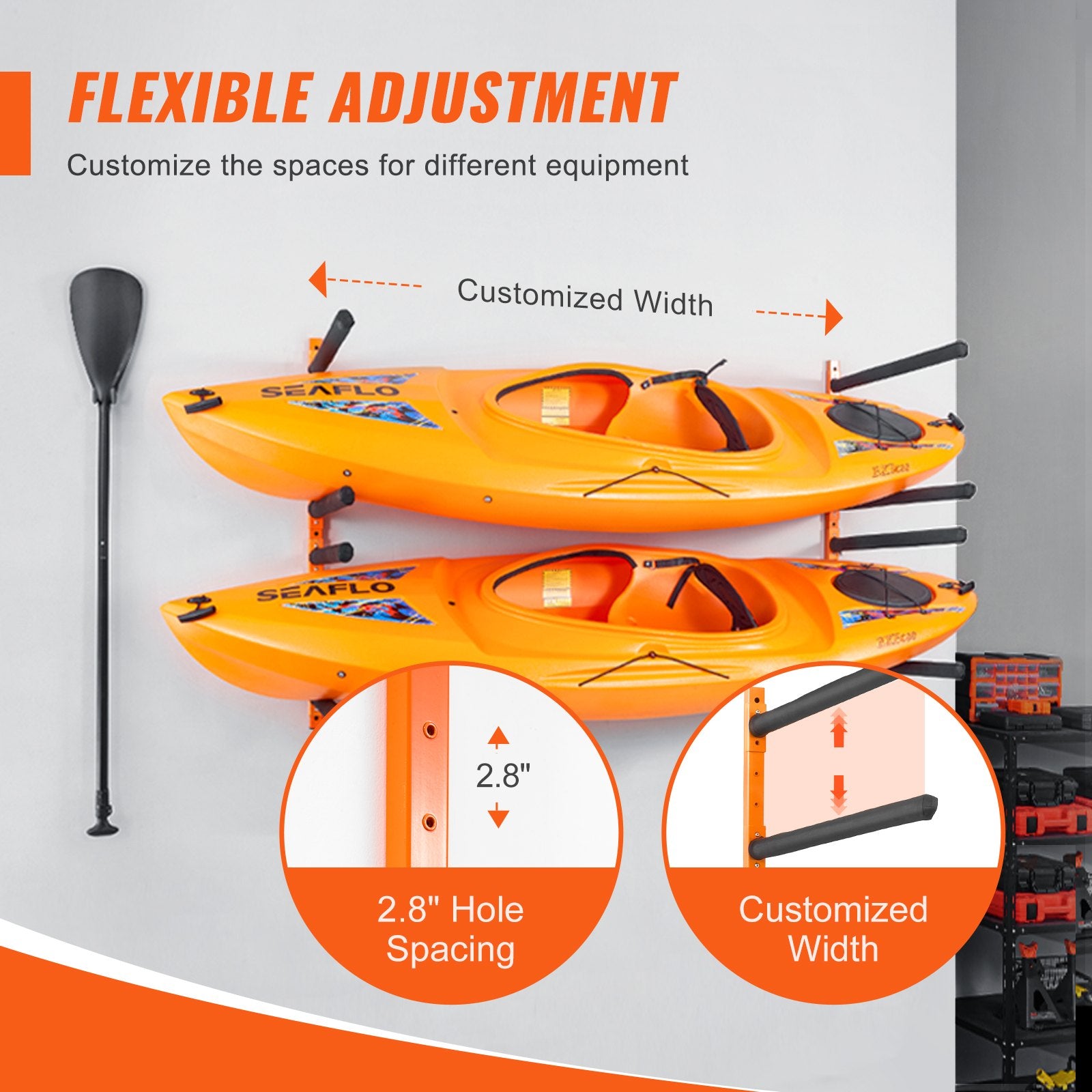 VEVOR Wall Kayak Storage Rack, 4-Capacity Wall Mounted Kayak Holders for Kayak Canoe Paddle Board, Kayak Storage Hooks with Adjustable Padded Arms, 181.6 KG Load Kayak Hanger for Indoor Outdoor Garage