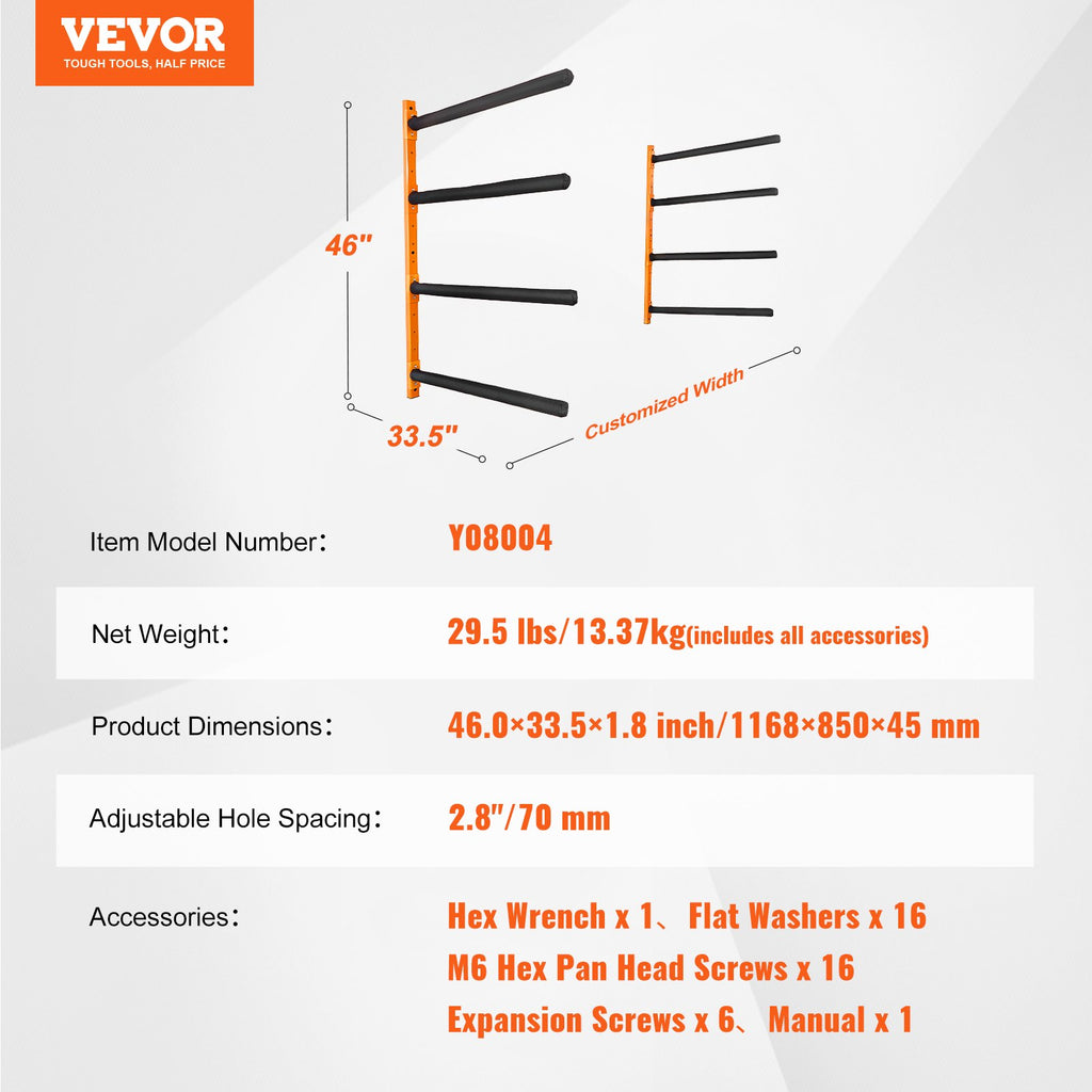 VEVOR Wall Kayak Storage Rack, 4-Capacity Wall Mounted Kayak Holders for Kayak Canoe Paddle Board, Kayak Storage Hooks with Adjustable Padded Arms, 181.6 KG Load Kayak Hanger for Indoor Outdoor Garage