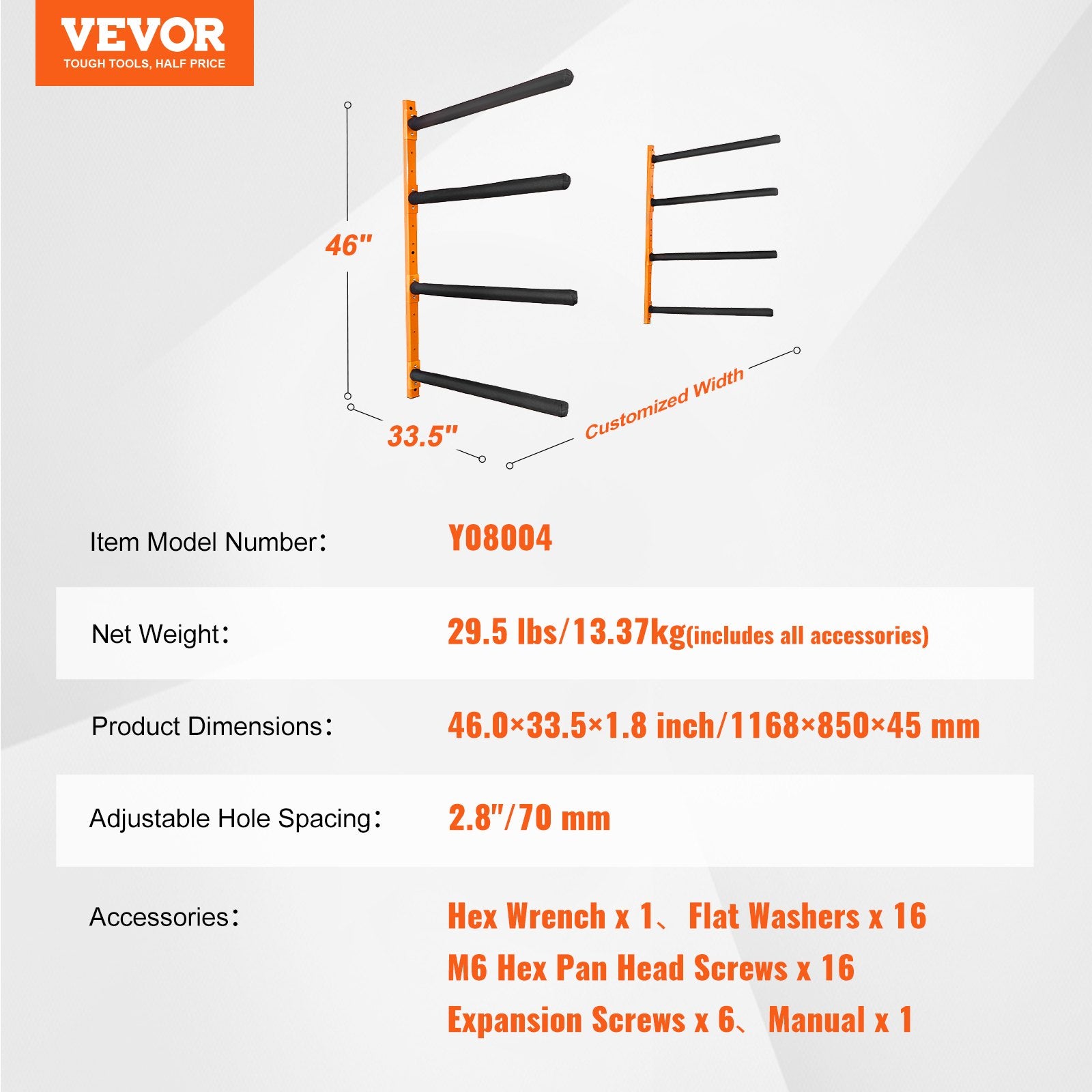 VEVOR Wall Kayak Storage Rack, 4-Capacity Wall Mounted Kayak Holders for Kayak Canoe Paddle Board, Kayak Storage Hooks with Adjustable Padded Arms, 181.6 KG Load Kayak Hanger for Indoor Outdoor Garage