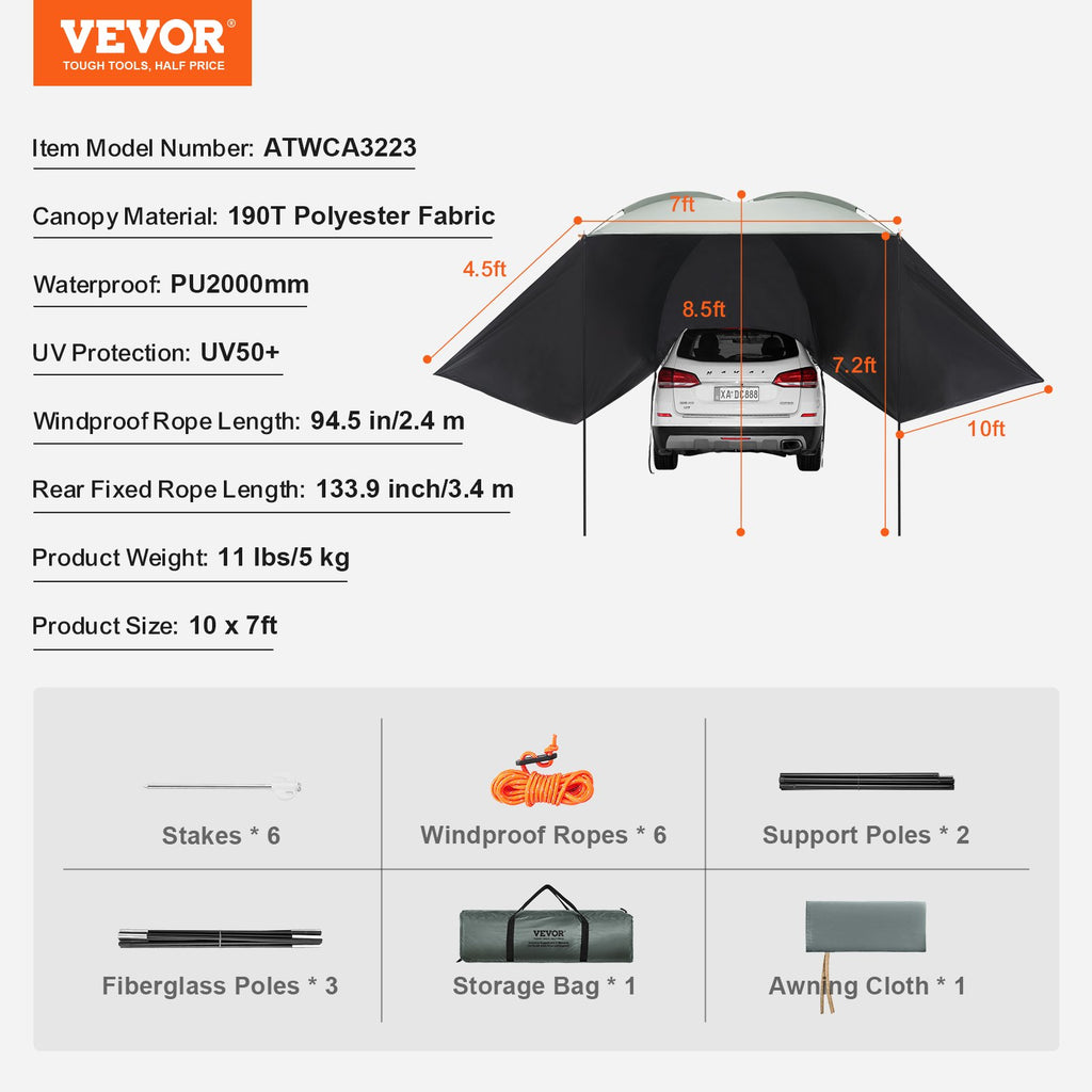 VEVOR Vehicle Awning, Large 10' x 7' Shade Coverage Car Side Awning, PU2000mm UV50+ Car Awning with Extended Side Canopies and Portable Storage Bag, Suitable for Truck, SUV, Van, Campers