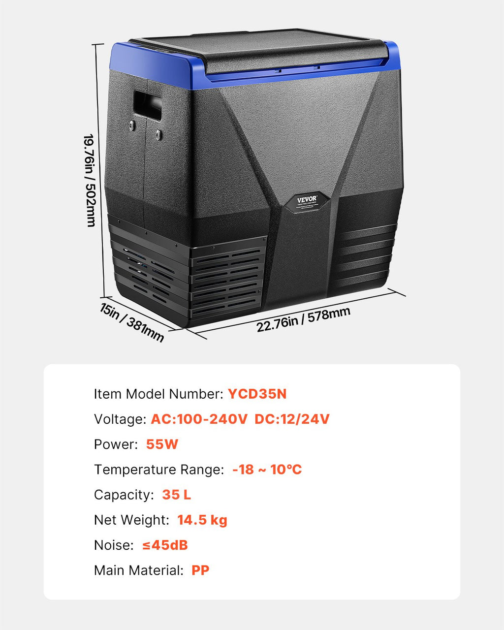 VEVOR Portable Car Refrigerator Freezer Compressor 35L Single Zone for Car Home