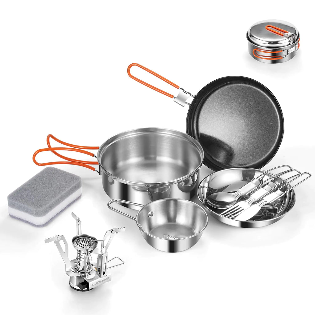 Odoland 10-Piece Stainless Steel Camping Cookware Set with Portable Stove